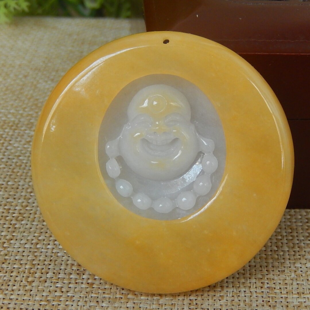 缅甸A货翡翠原石半明料玉石毛料大马坎黄翡俏色佛公圆牌挂件K4907