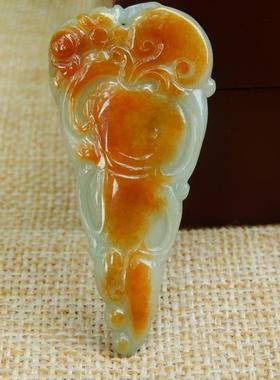 缅甸天然A货翡翠原石半明料玉石成品冰糯种黄翡人参如意挂件Y8950