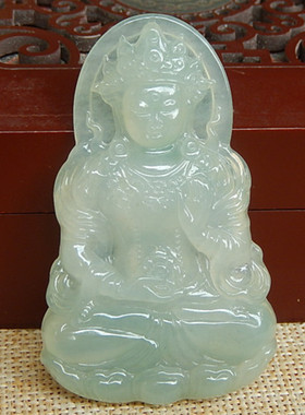 缅甸天然A货翡翠原石半明料玉石毛料成品冰糯种度母观音挂件H1384