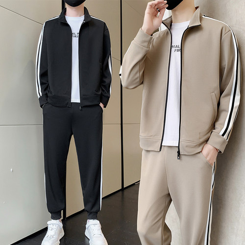 男士春秋季黑色立领开衫运动套装