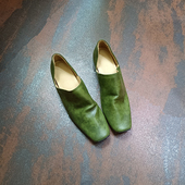 清新牛油果绿显白6cm高软真皮中空设计方跟一脚蹬休闲时尚 懒人鞋