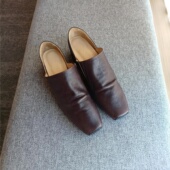 6cm中跟皮鞋 复古原创粟色软牛皮手工褶皱穆勒一脚蹬通勤休闲单鞋