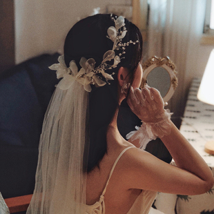 超仙森系新娘花环头纱婚礼婚纱照摄影写真影楼外景跟妆婚纱头饰