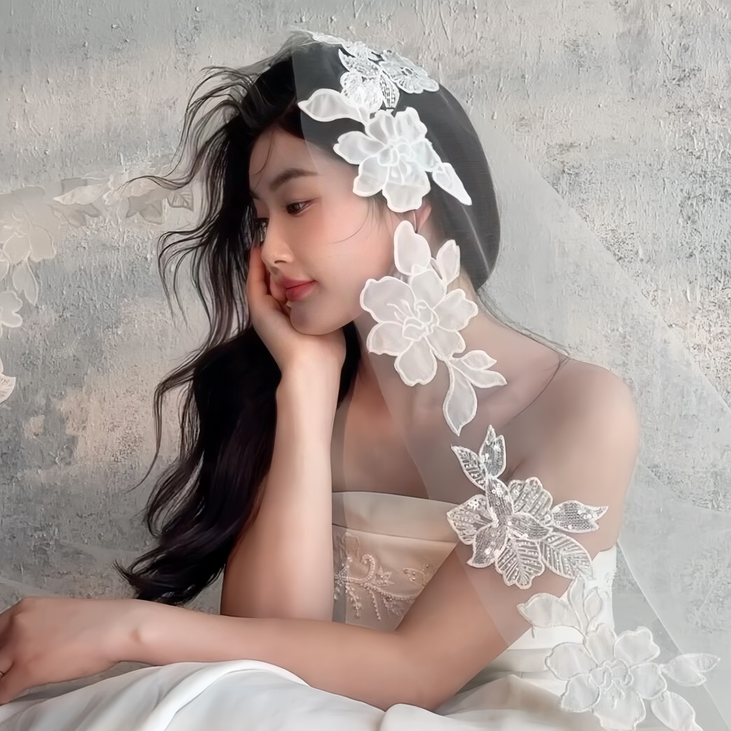 新娘结婚婚纱头纱长款亮片蕾丝高级复古油画头饰影楼摄影拍照样片