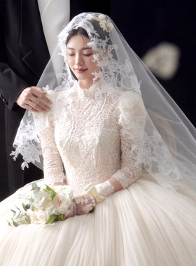 新娘结婚复古蕾丝头纱长款拖尾婚纱照摄影拍照高级感造型跟妆样片