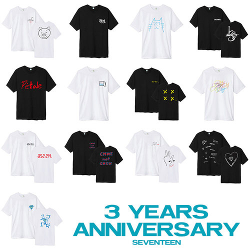 SEVENTEEN组合三周年纪念周边成员设计印花签名同款短袖T恤打歌服