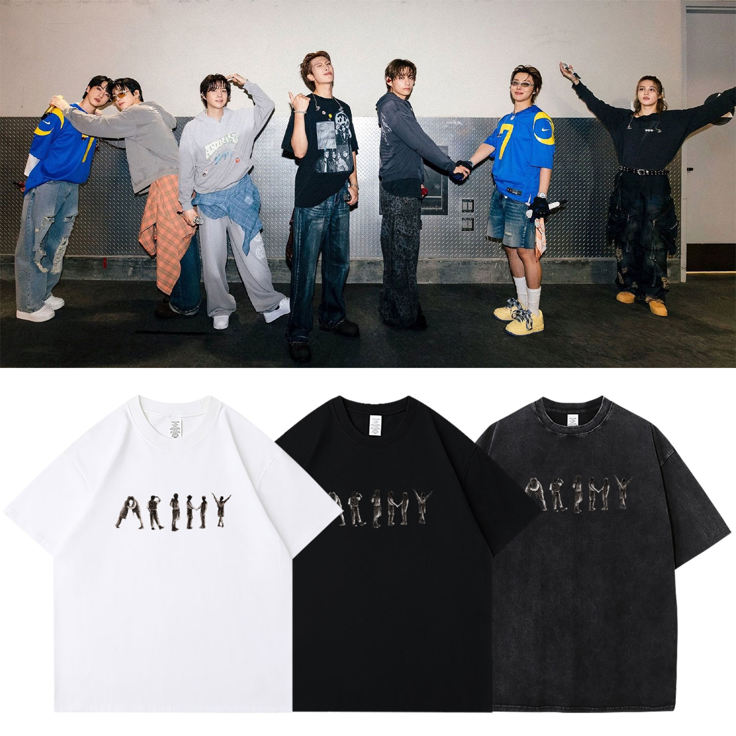 防弹2026-27世巡演唱会七人剪影纹身印花周边自制衣服同款短袖T恤