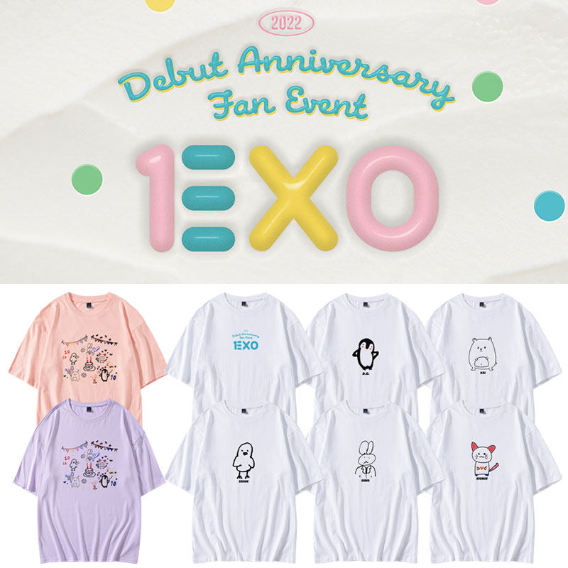 exo10周年fm手绘卡通印花短袖