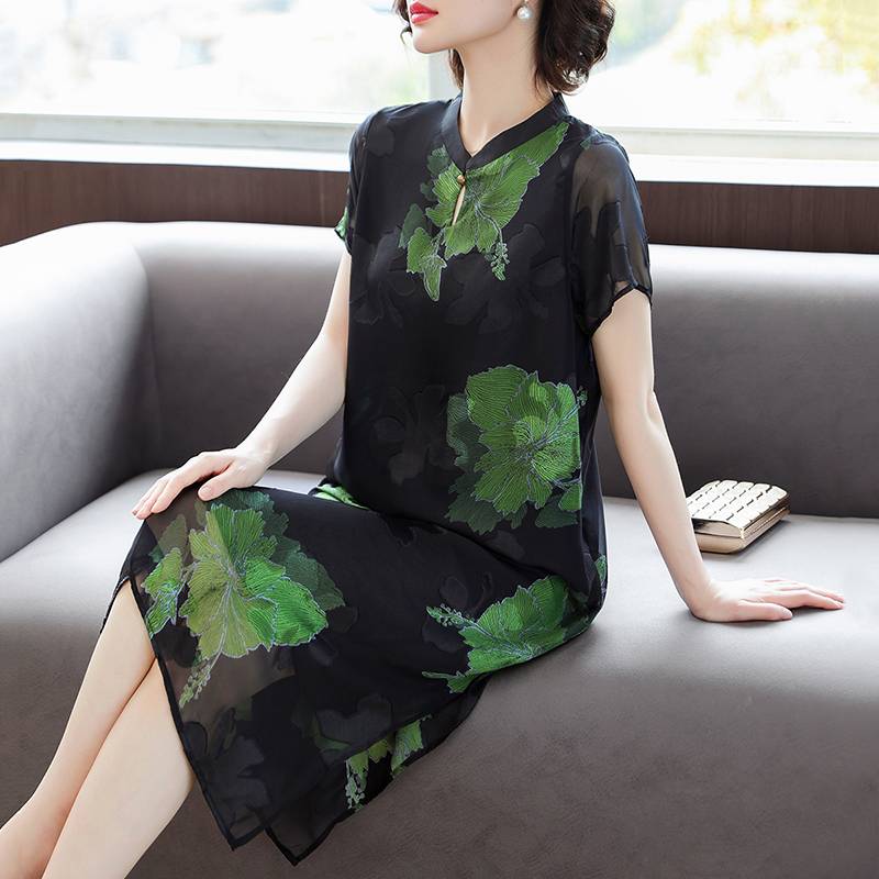 声雨竹新中式妈妈夏装真丝连衣裙新款中老年女装改良旗袍桑蚕丝裙