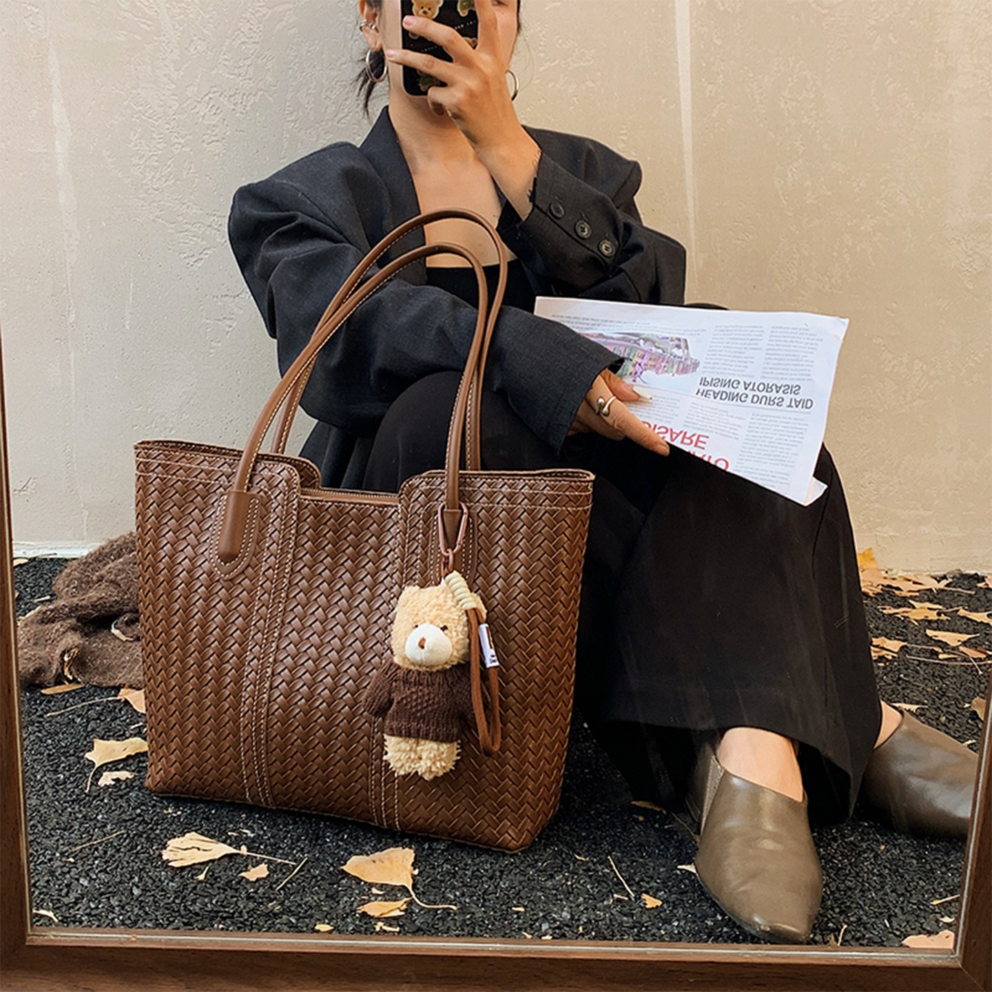 高级感复古编织纹包包女2025新款时尚大容量单肩包通勤托特水桶包