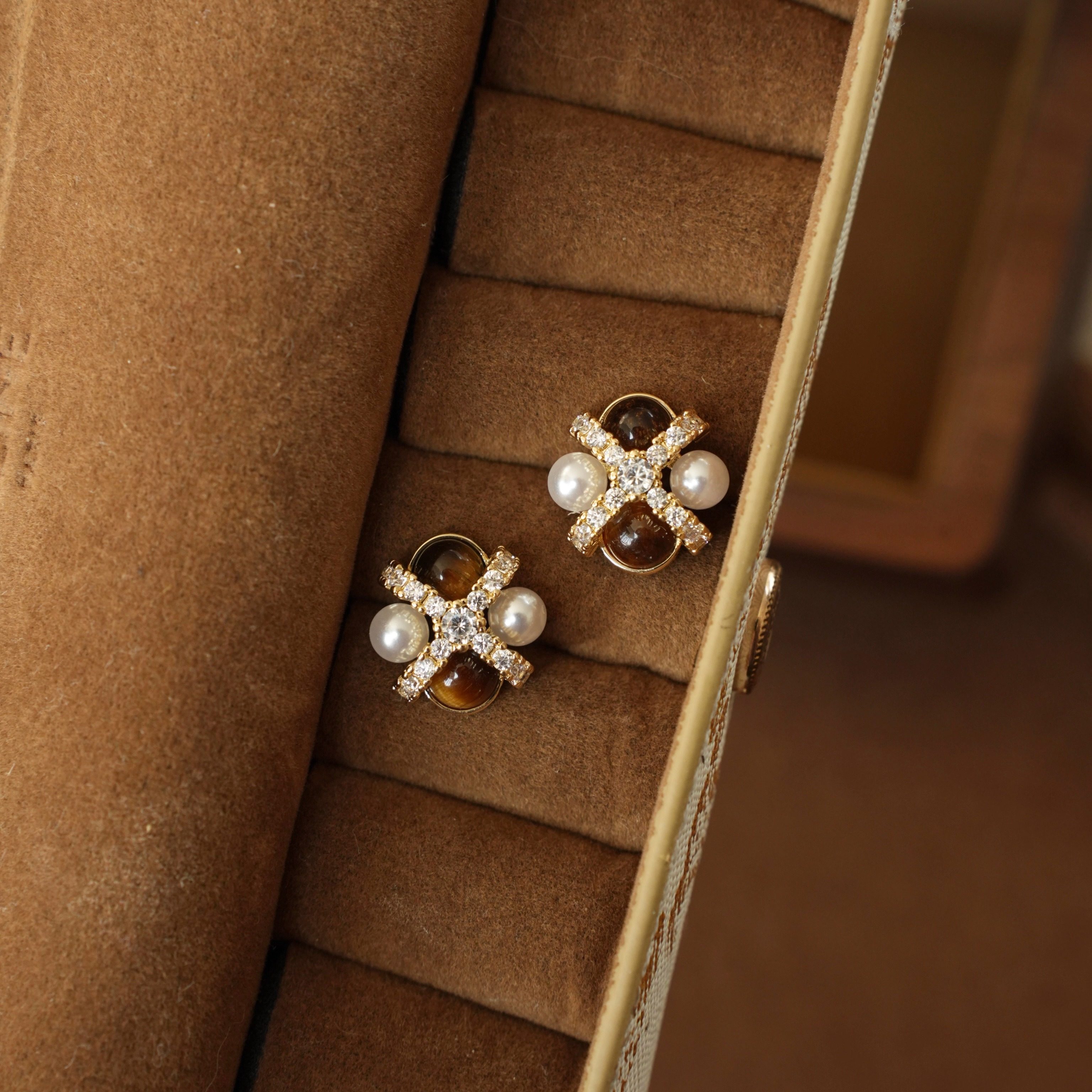 「棕果盛宴」复古高级感法式优雅闪耀棕色虎眼石设计珍珠耳环耳夹,饰品/流行首饰/时尚饰品新,耳环,淘宝优惠券,粉丝福利购,淘宝优惠卷