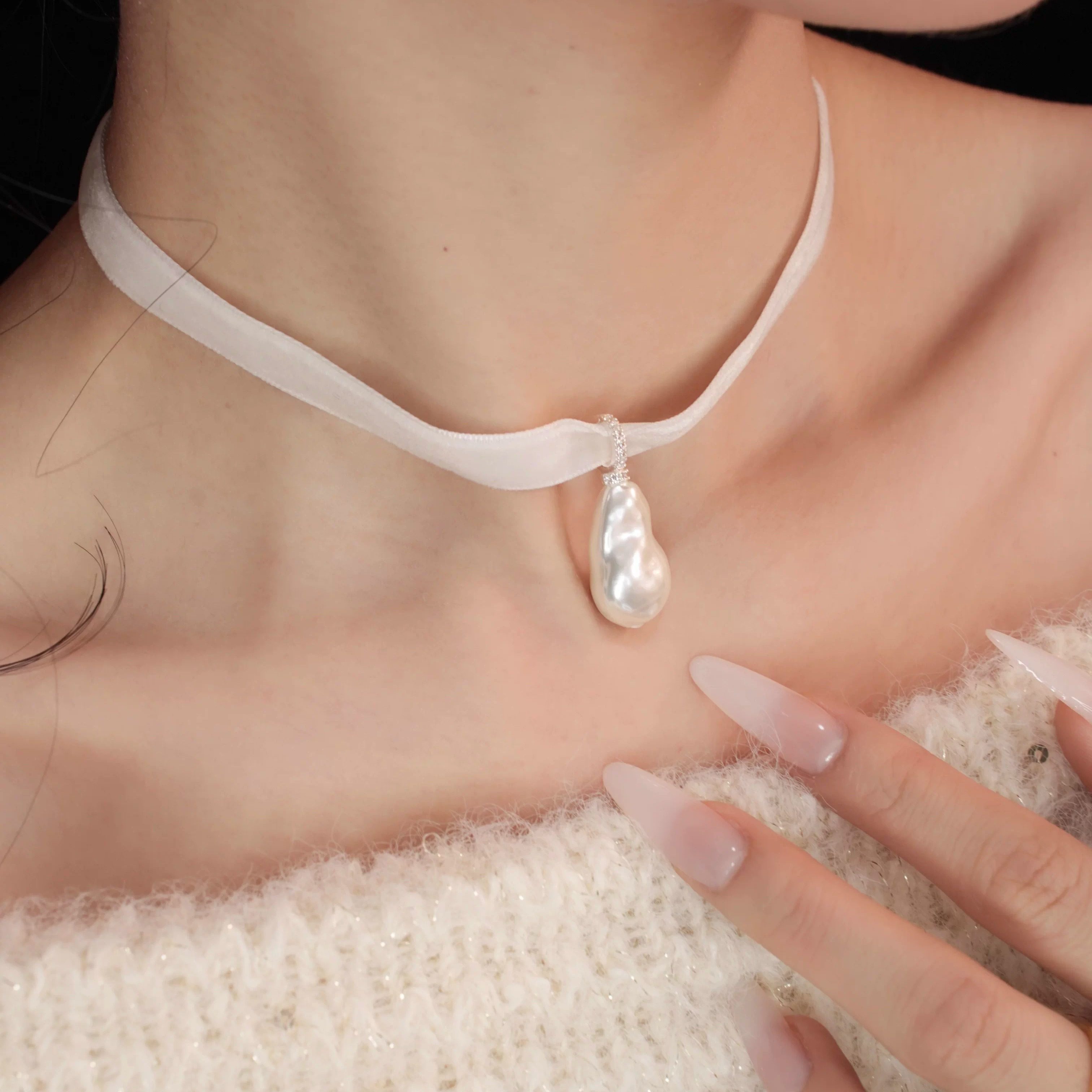 「赫本柔丝」法式复古高级感小众巴洛克珍珠植绒丝带项链/锁骨链,饰品/流行首饰/时尚饰品新,项链,淘宝优惠券,粉丝福利购,淘宝优惠卷