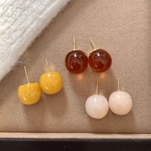 「糖渍果豆」法式 耳夹 复古高级感艺术琥珀糖豆黄色球球耳钉耳环
