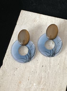 「蓝色画卷」清冷复古新中式琥珀森系小众设计高级感树影耳环耳夹