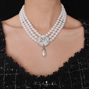「莫妮卡贝鲁奇」法式复古高级感轻奢华丽三层珍珠水滴项链锁骨链