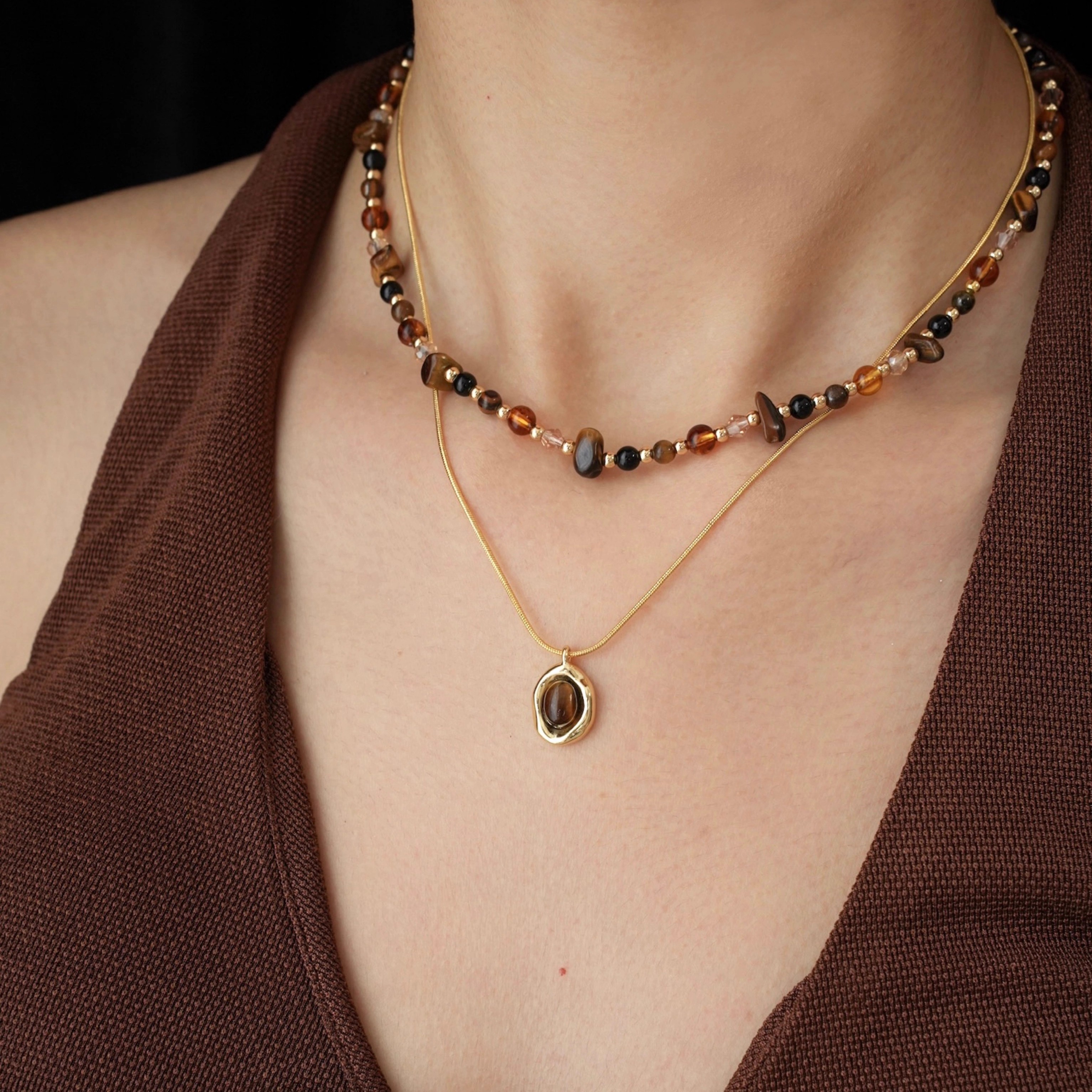 琥珀流光｜虎眼石串珠双层项链