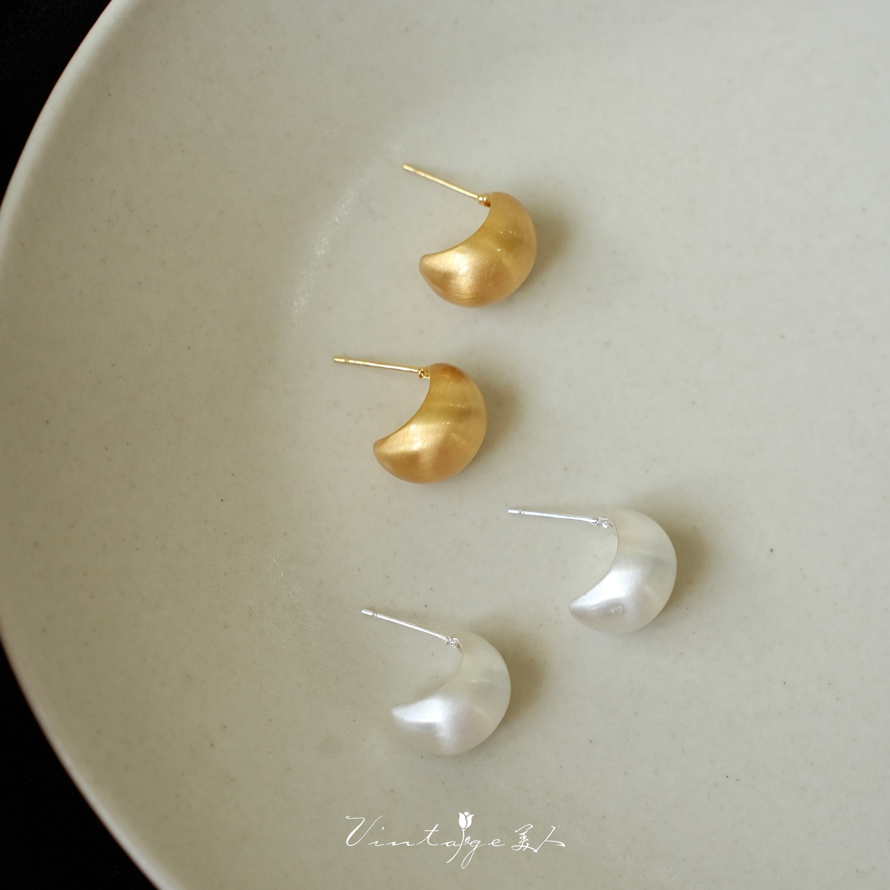 「慵懒周末」法式高级简约C形百搭通勤小巧拉丝磨砂金银耳钉/耳夹