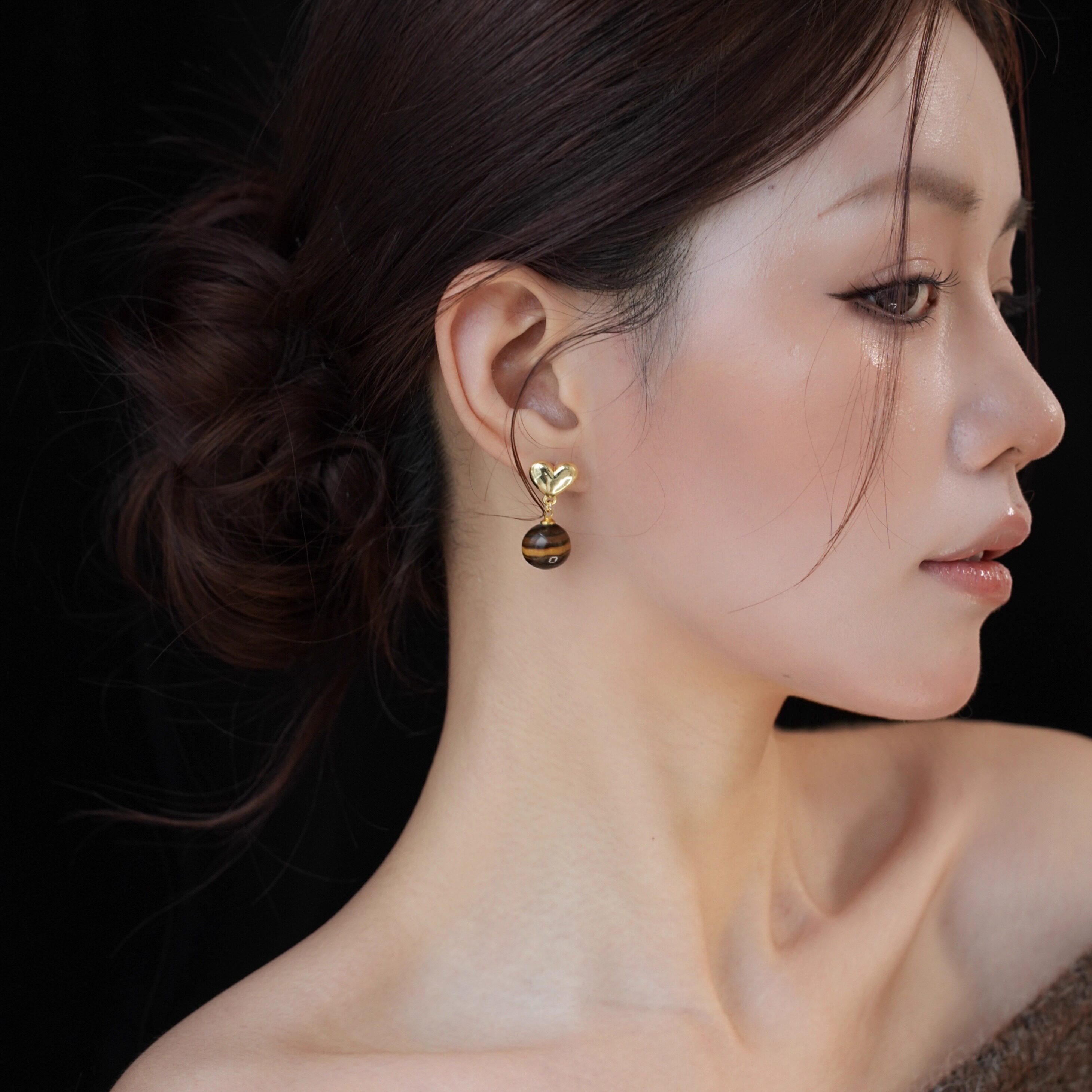 「秋焰金眸」天然虎眼石 美拉德棕法式复古小众高级爱心耳环/耳夹