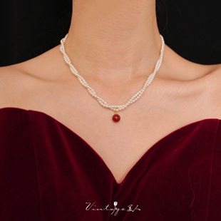 「红浆果」复古法式高级感优雅百搭双层红玛瑙极细珍珠项链锁骨链