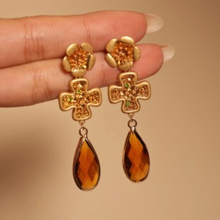 「弗洛伦萨」法式 耳夹女 vintage复古高级感小众四叶水滴琥珀耳环