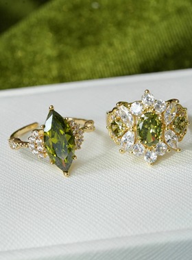 「卢瓦尔神殿」法式宫廷复古精致轻奢高级感闪耀橄榄绿开口戒指女