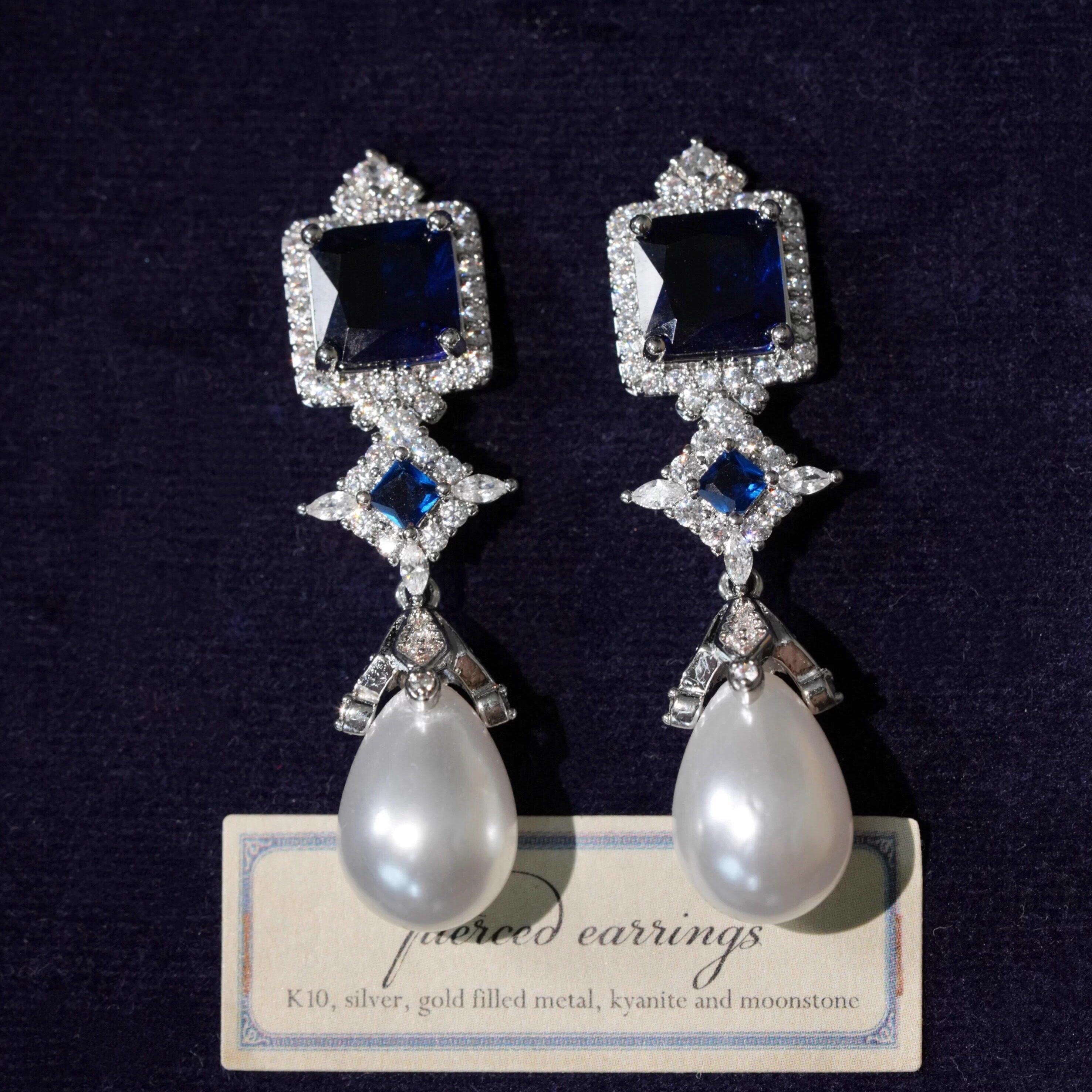 「英国皇室」法式复古闪耀高级感小众轻奢蓝宝石水滴珍珠耳环耳夹