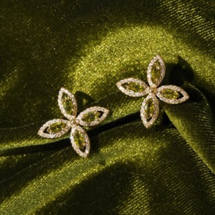 耳夹女 复古高级感轻奢闪耀锆石橄榄绿耳环 「橄榄枝」幸运草 法式