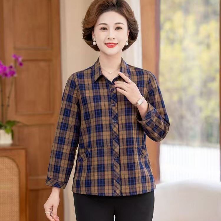 秋依新款妈妈翻领上衣格子长袖春秋纯棉奶奶休闲衬衣大码女装外套