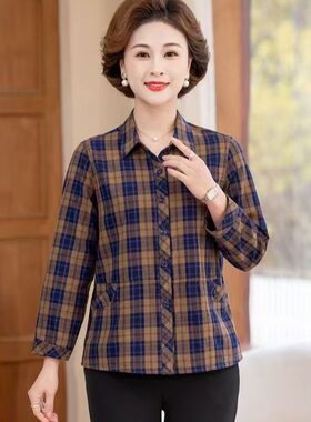 秋依新款妈妈翻领上衣格子长袖春秋纯棉奶奶休闲衬衣大码女装外套