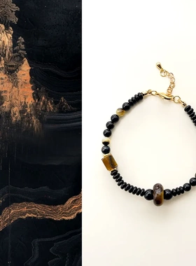 国风原创天然黑耀石串珠手链文艺复古风虎眼石手串天然石手作手饰