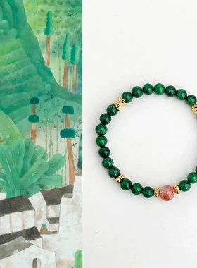 国风原创手作天然干青石手链红胶花水晶手串复古新中式高级感手饰