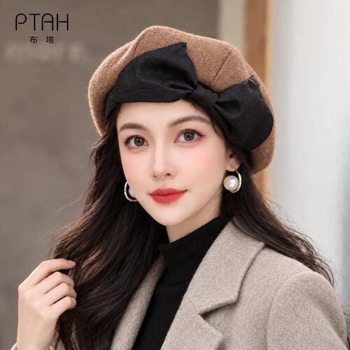 布塔秋冬季画家帽复古英伦风贝雷帽女毛呢八角帽黑色蝴蝶结帽子