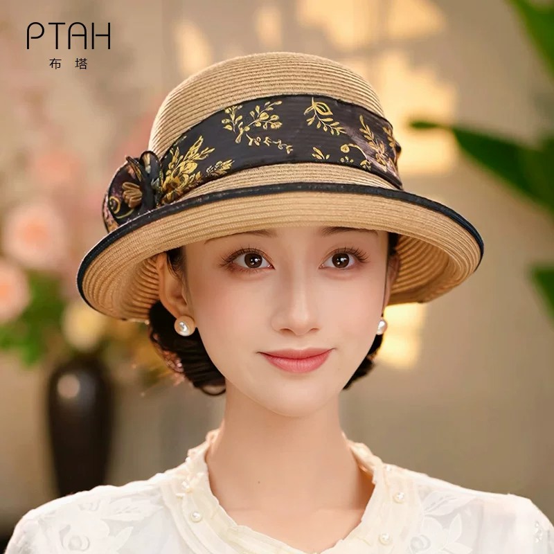 布塔宽檐草帽女夏季防晒遮阳帽蝴蝶结沙滩帽花朵海边度假太阳帽