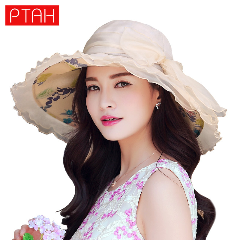 布塔真丝遮阳帽蝴蝶结帽子女防晒可折叠大沿桑蚕丝太阳帽防紫外线