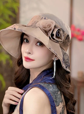 布塔春夏季真丝遮阳帽女桑蚕丝渔夫帽气质优雅妈妈防晒大帽檐帽子