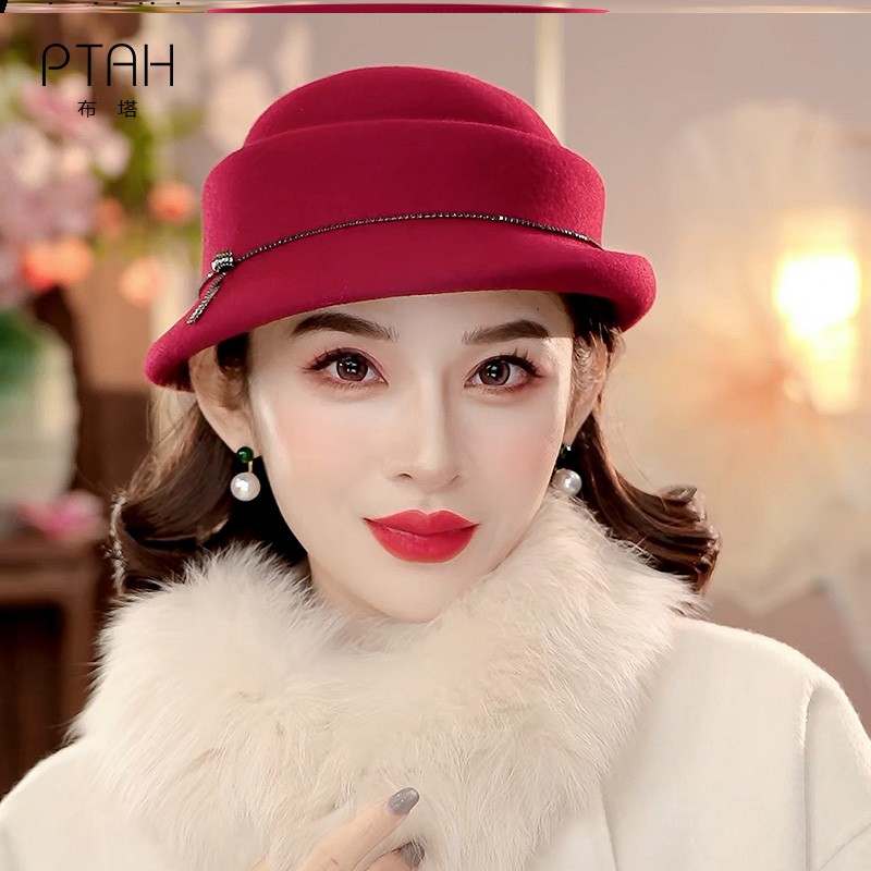 布塔纯羊毛呢帽子女秋冬英伦时尚定型帽百搭贝雷帽复古小礼帽盆帽