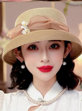 布塔时尚气质草帽子女款2025新款可折叠遮阳帽灯罩式防晒太阳帽潮