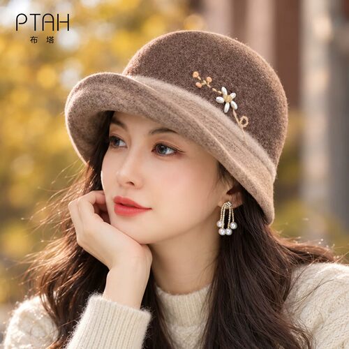 布塔秋冬法式渔夫帽复古花朵卷边羊毛呢帽子女气质优雅盆帽保暖