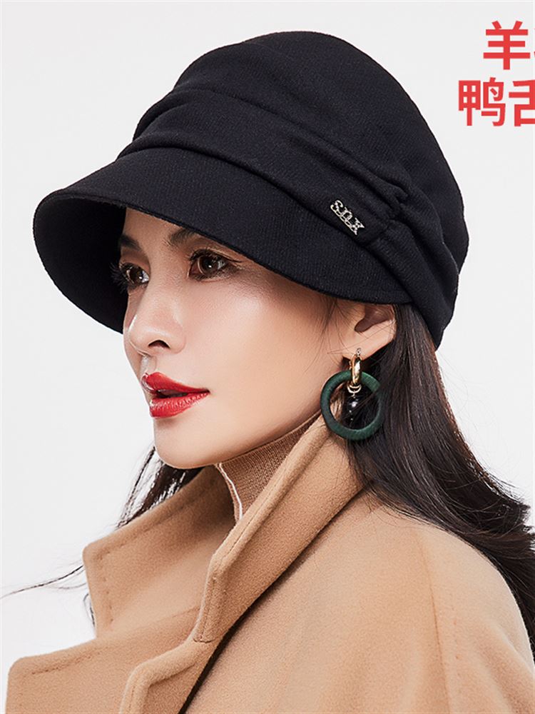 布塔秋冬季鸭舌帽女贝雷帽时装中老年妈妈褶皱帽子羊毛混纺堆堆帽