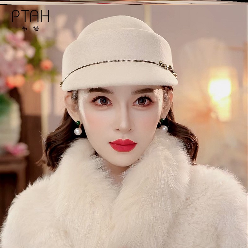 布塔洋气骑士帽女秋冬季纯羊毛呢新款时尚百搭保暖定型帽高级感