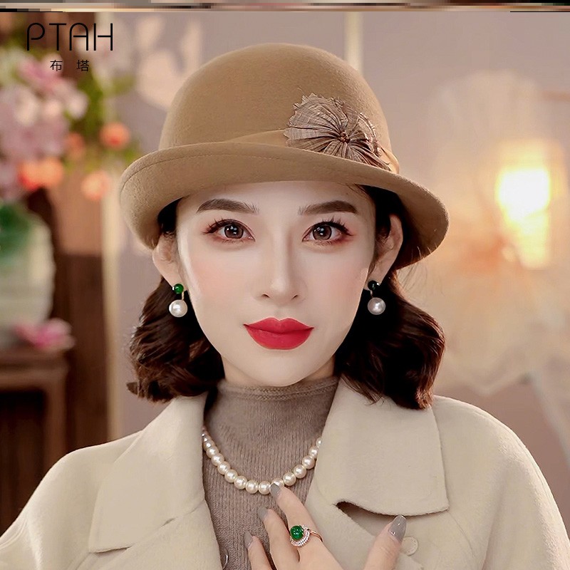 布塔纯羊毛礼帽女士秋冬新款羊毛呢蓓蕾帽高级感定型帽显脸小帽子
