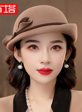 布塔秋冬季羊毛贝雷帽女士保暖时尚百搭复古画家优雅蓓蕾帽子