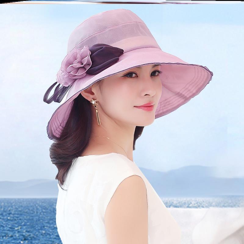 布塔帽子遮阳帽女夏遮脸防紫外线防晒太阳帽大帽檐花朵妈妈凉帽