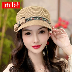 布塔夏季防晒草帽女新款马术帽冰丝遮阳帽钉珠出游骑士帽休闲帽子