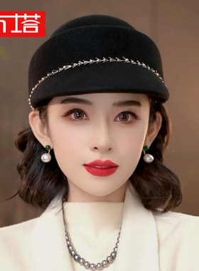 布塔秋冬季羊毛骑士帽女士小香风礼帽时尚百搭马术帽显脸小定型帽