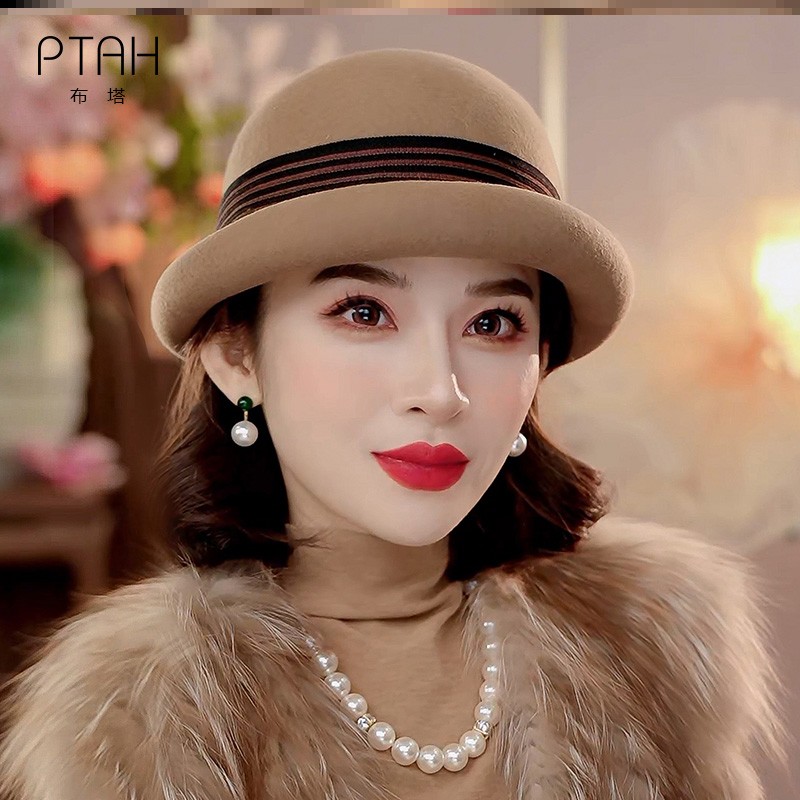 布塔纯羊毛呢帽子女秋冬英伦定型帽时尚百搭贝雷帽复古小礼帽盆帽
