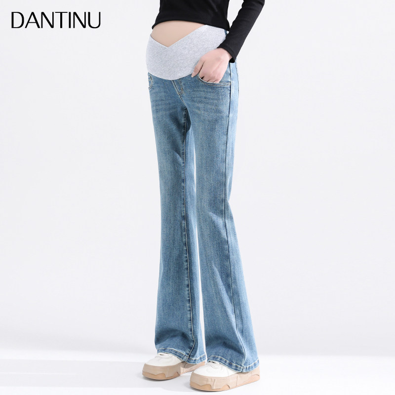 孕妇裤子交叉托腹牛仔喇叭裤2024新款春秋外穿大码九分小个子长裤