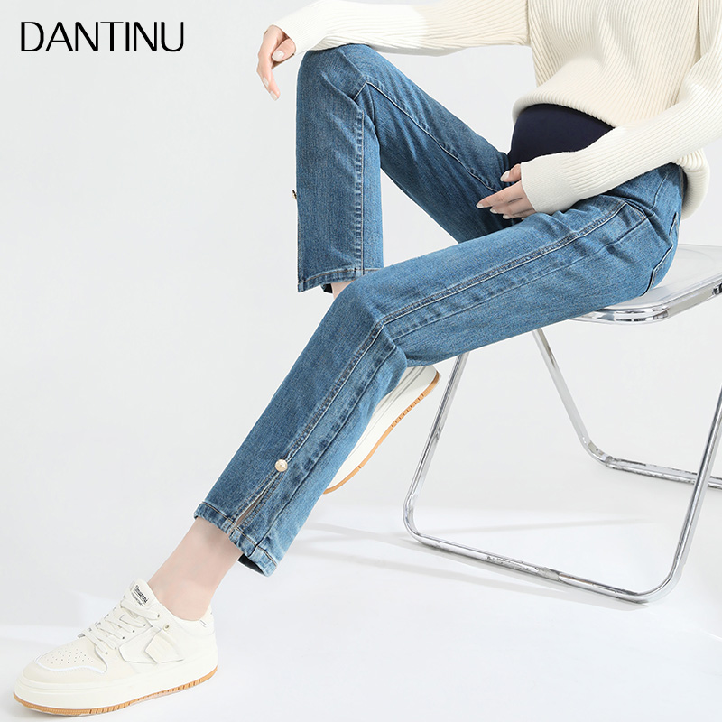 孕妇裤子春秋款外穿宽松大码小个子九分牛仔裤秋季薄款开叉直筒裤