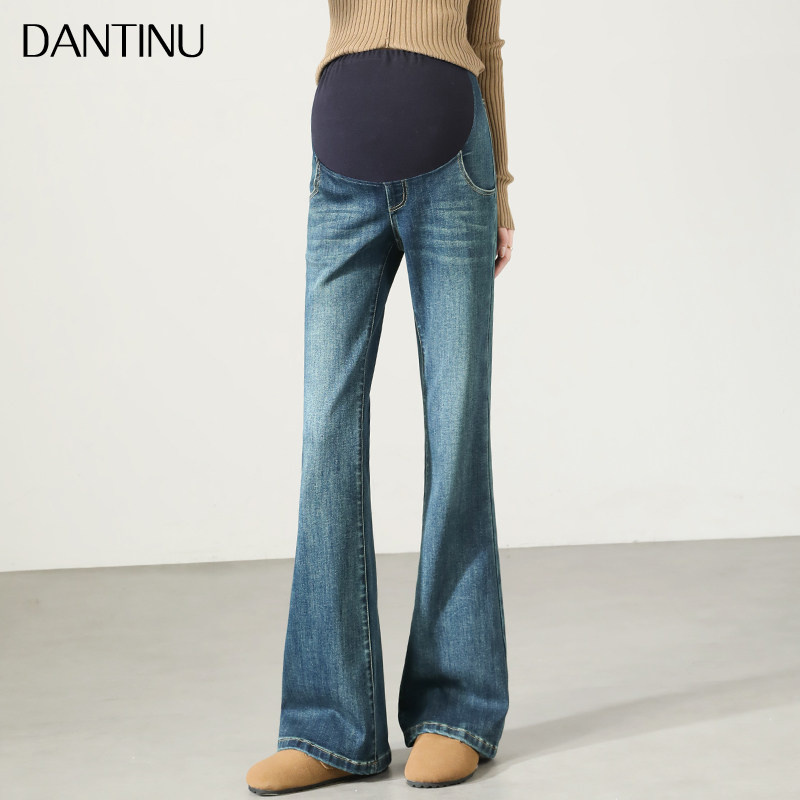 孕妇牛仔喇叭裤秋冬季外穿加绒加厚不勒肚子大码微喇裤女孕期秋装