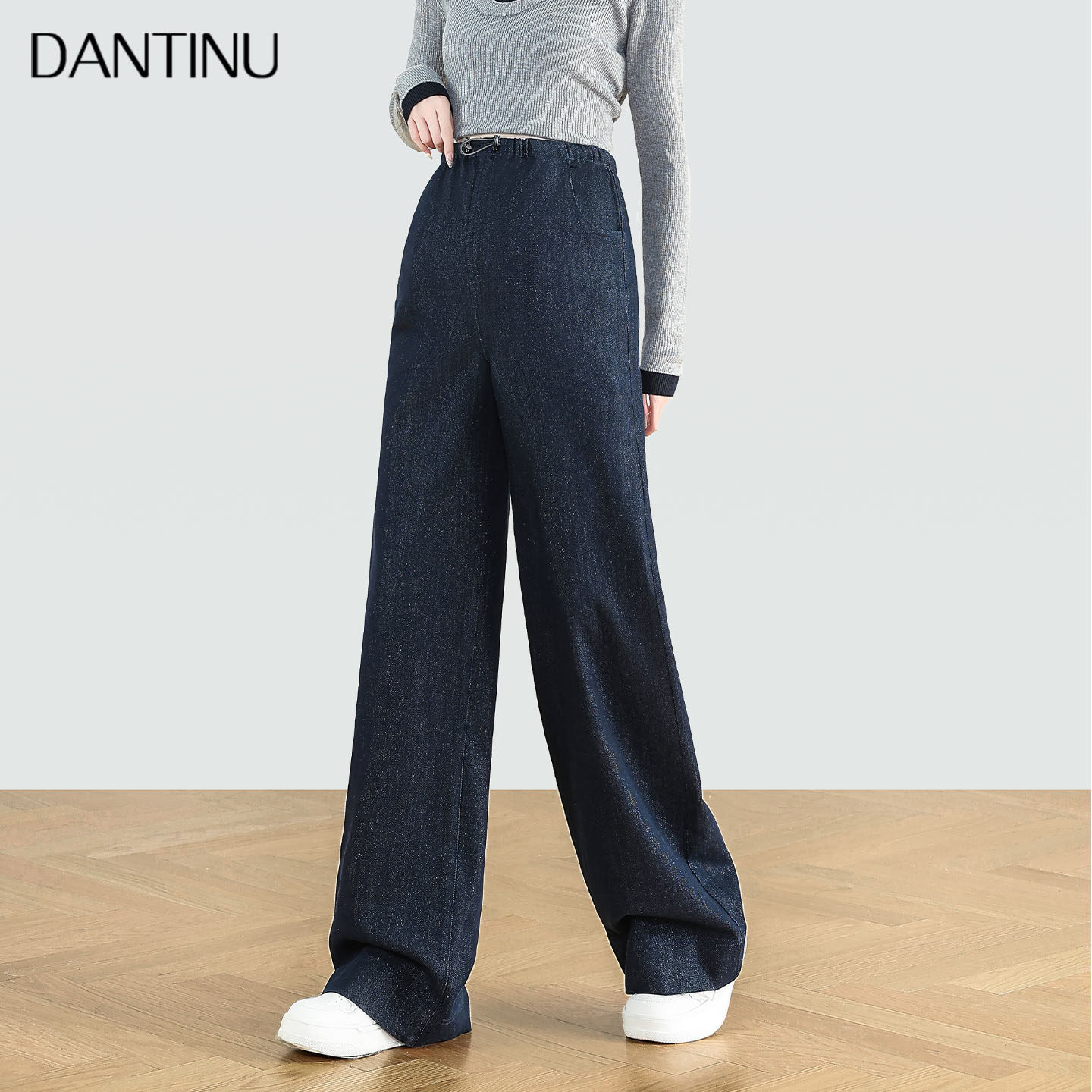 孕妇牛仔阔腿裤春秋外穿大码无托腹宽松窄版直筒抽绳拖地裤女秋款